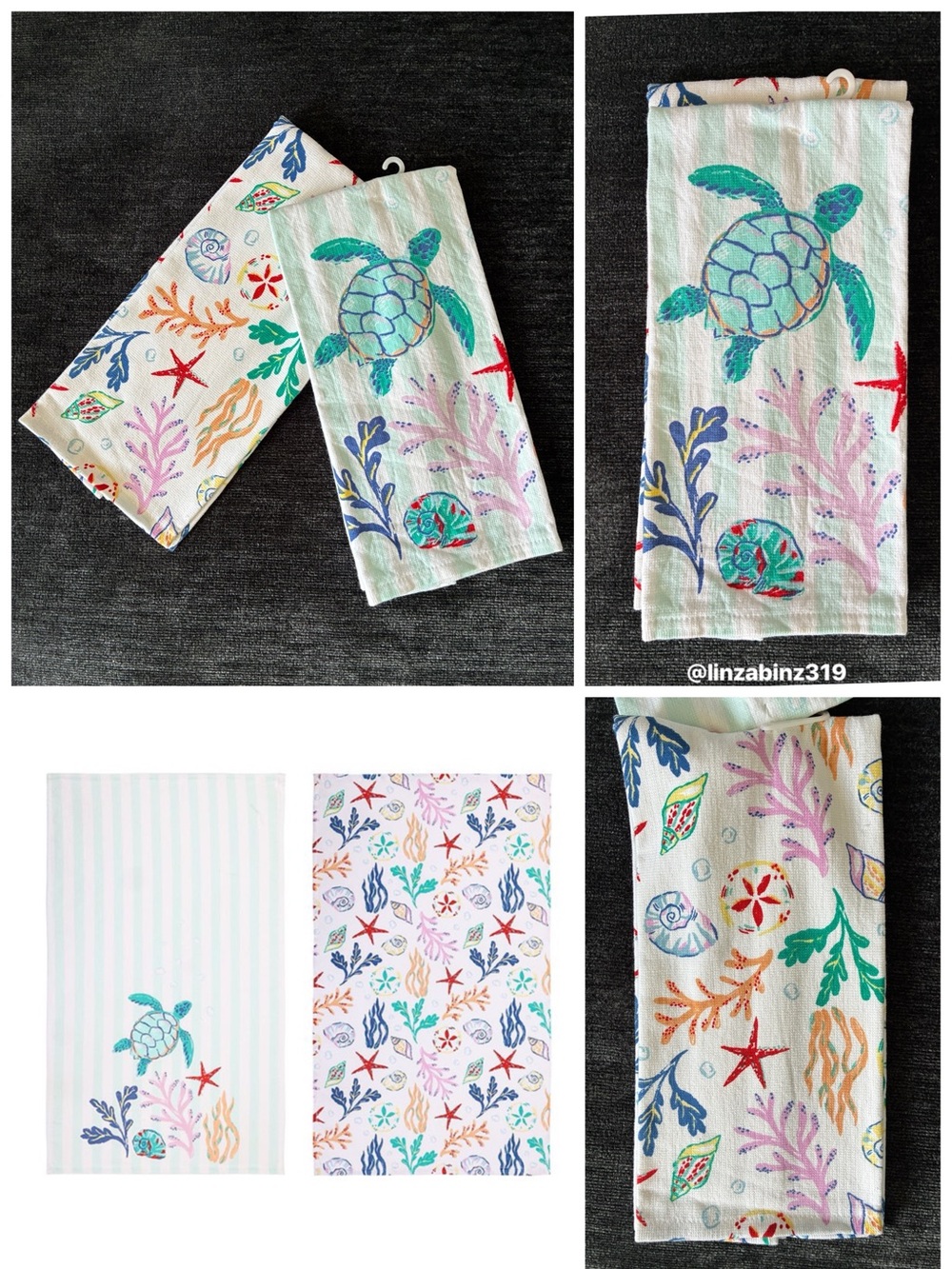 NWT- Set of 2- Sea Turtle & Shell Coastal Kitchen Towels - 100% Cotton 26x15
